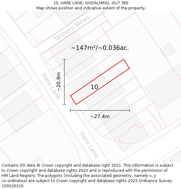 10, HARE LANE, GODALMING, GU7 3EE: Plot and title map