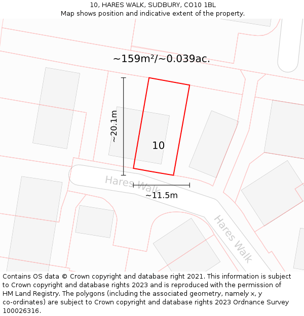 10, HARES WALK, SUDBURY, CO10 1BL: Plot and title map