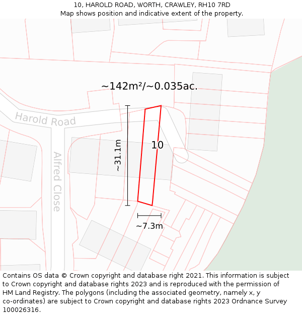 10, HAROLD ROAD, WORTH, CRAWLEY, RH10 7RD: Plot and title map