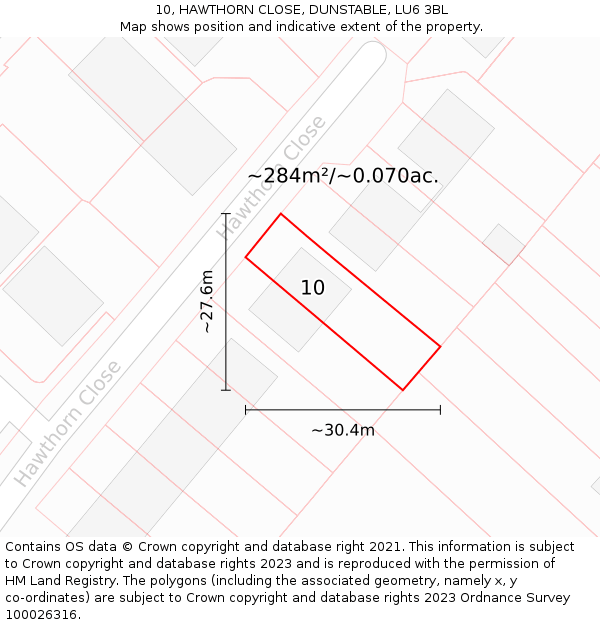 10, HAWTHORN CLOSE, DUNSTABLE, LU6 3BL: Plot and title map