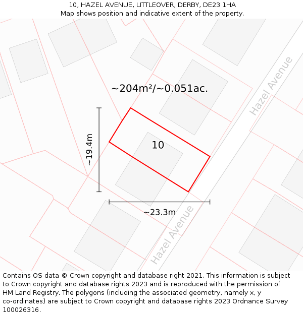 10, HAZEL AVENUE, LITTLEOVER, DERBY, DE23 1HA: Plot and title map