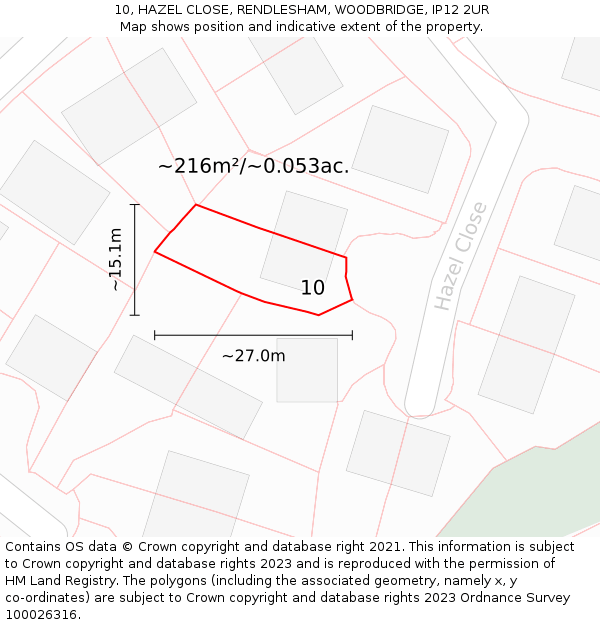 10, HAZEL CLOSE, RENDLESHAM, WOODBRIDGE, IP12 2UR: Plot and title map