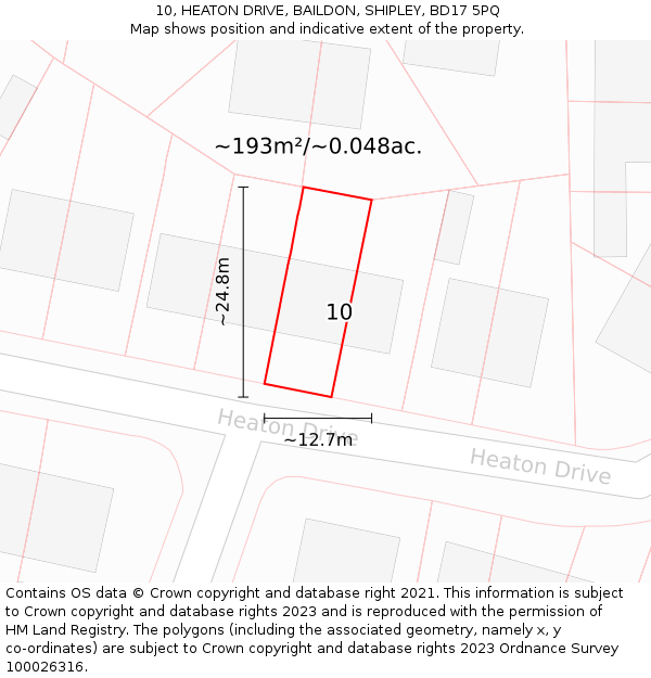 10, HEATON DRIVE, BAILDON, SHIPLEY, BD17 5PQ: Plot and title map