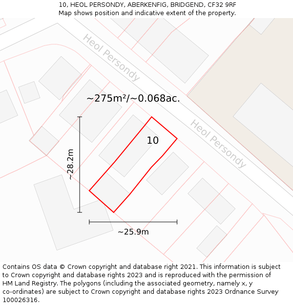 10, HEOL PERSONDY, ABERKENFIG, BRIDGEND, CF32 9RF: Plot and title map
