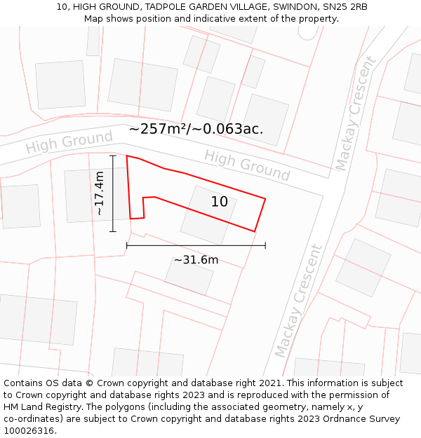 10, HIGH GROUND, TADPOLE GARDEN VILLAGE, SWINDON, SN25 2RB: Plot and title map