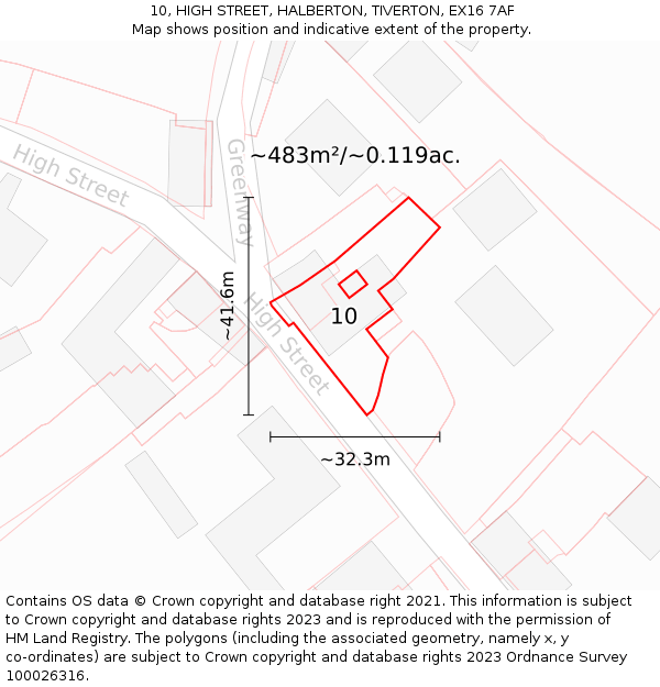 10, HIGH STREET, HALBERTON, TIVERTON, EX16 7AF: Plot and title map