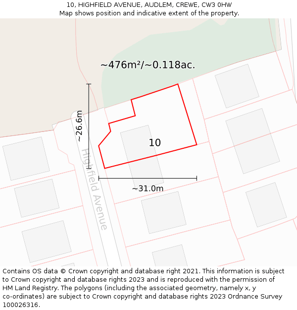 10, HIGHFIELD AVENUE, AUDLEM, CREWE, CW3 0HW: Plot and title map