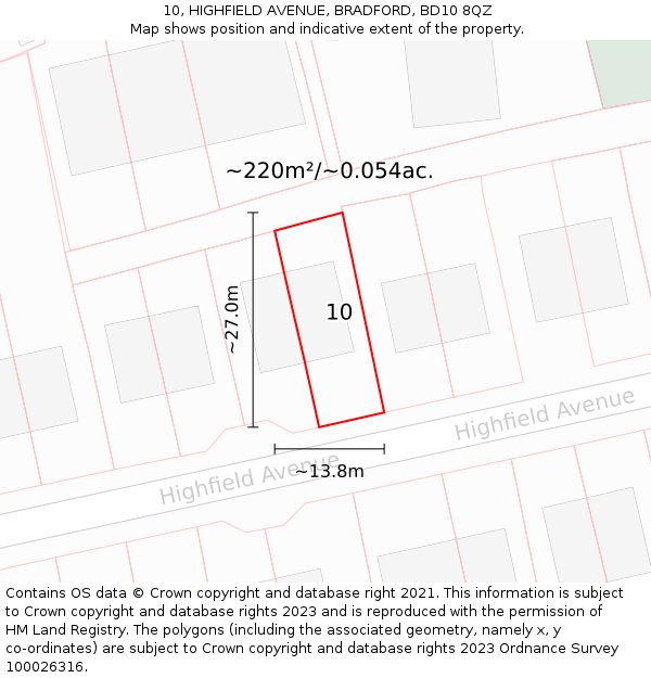 10, HIGHFIELD AVENUE, BRADFORD, BD10 8QZ: Plot and title map