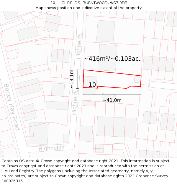 10, HIGHFIELDS, BURNTWOOD, WS7 9DB: Plot and title map