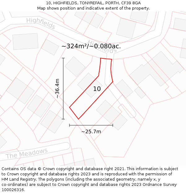 10, HIGHFIELDS, TONYREFAIL, PORTH, CF39 8GA: Plot and title map