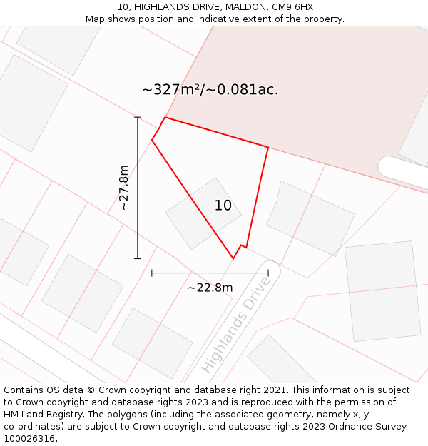 10, HIGHLANDS DRIVE, MALDON, CM9 6HX: Plot and title map