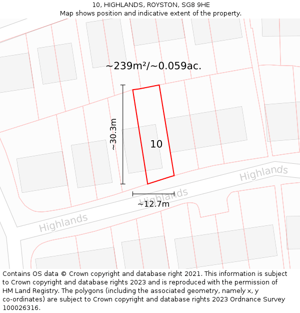 10, HIGHLANDS, ROYSTON, SG8 9HE: Plot and title map