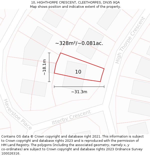 10, HIGHTHORPE CRESCENT, CLEETHORPES, DN35 9QA: Plot and title map