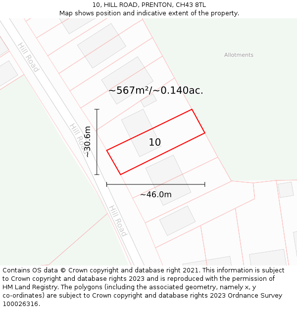 10, HILL ROAD, PRENTON, CH43 8TL: Plot and title map