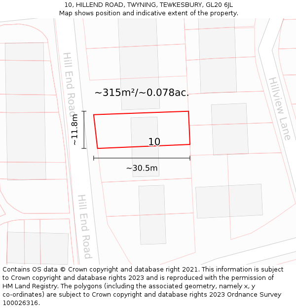 10, HILLEND ROAD, TWYNING, TEWKESBURY, GL20 6JL: Plot and title map