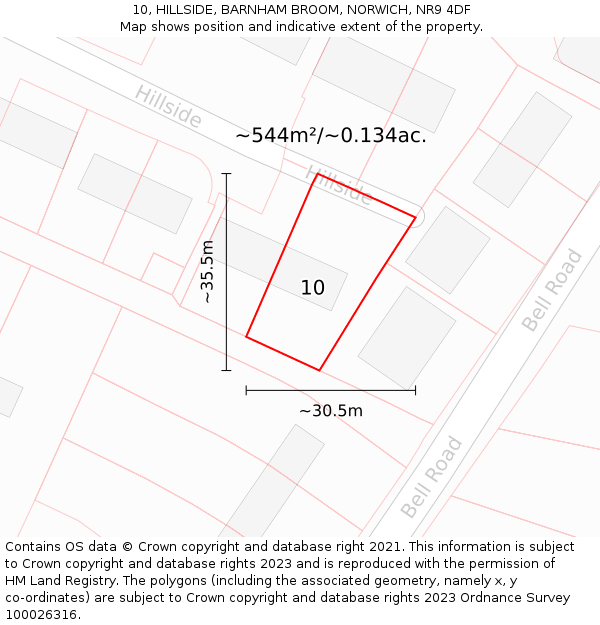 10, HILLSIDE, BARNHAM BROOM, NORWICH, NR9 4DF: Plot and title map