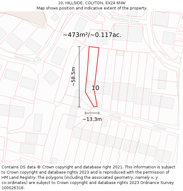 10, HILLSIDE, COLYTON, EX24 6NW: Plot and title map