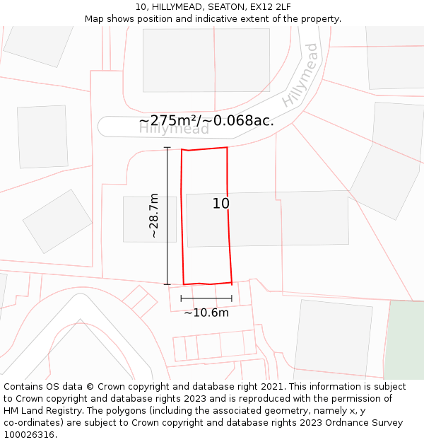 10, HILLYMEAD, SEATON, EX12 2LF: Plot and title map
