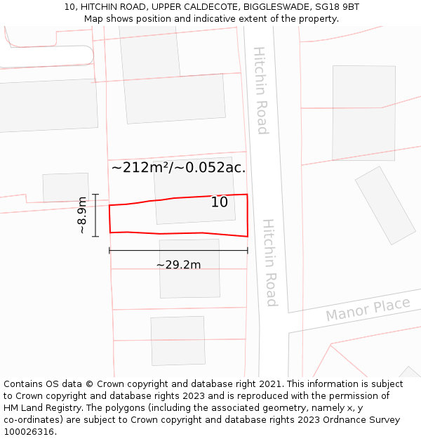 10, HITCHIN ROAD, UPPER CALDECOTE, BIGGLESWADE, SG18 9BT: Plot and title map