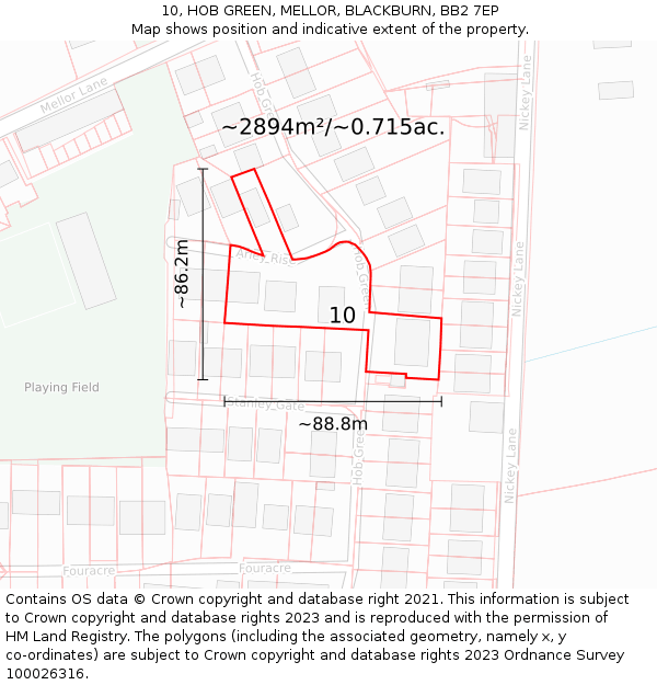 10, HOB GREEN, MELLOR, BLACKBURN, BB2 7EP: Plot and title map