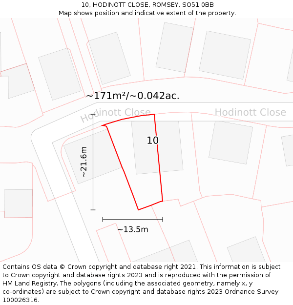 10, HODINOTT CLOSE, ROMSEY, SO51 0BB: Plot and title map