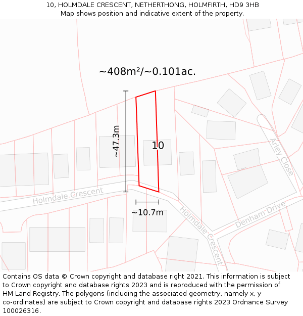 10, HOLMDALE CRESCENT, NETHERTHONG, HOLMFIRTH, HD9 3HB: Plot and title map