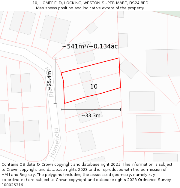 10, HOMEFIELD, LOCKING, WESTON-SUPER-MARE, BS24 8ED: Plot and title map