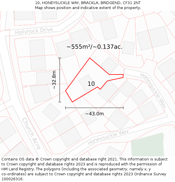 10, HONEYSUCKLE WAY, BRACKLA, BRIDGEND, CF31 2NT: Plot and title map