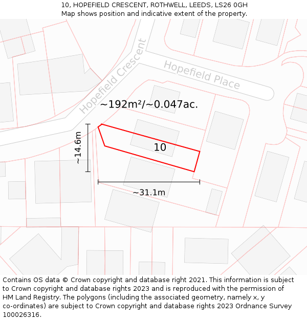 10, HOPEFIELD CRESCENT, ROTHWELL, LEEDS, LS26 0GH: Plot and title map