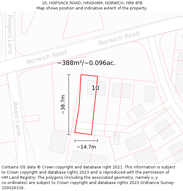 10, HOPSACK ROAD, HINGHAM, NORWICH, NR9 4FB: Plot and title map