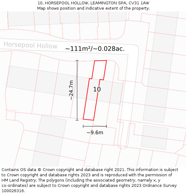 10, HORSEPOOL HOLLOW, LEAMINGTON SPA, CV31 1AW: Plot and title map