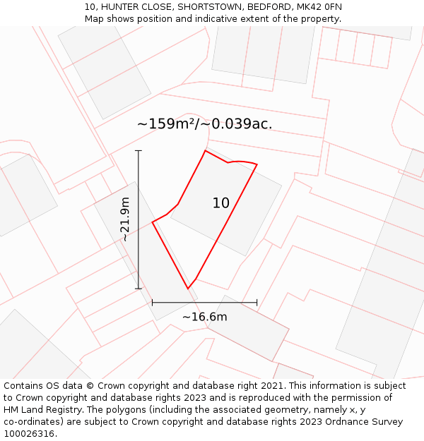 10, HUNTER CLOSE, SHORTSTOWN, BEDFORD, MK42 0FN: Plot and title map