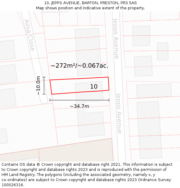 10, JEPPS AVENUE, BARTON, PRESTON, PR3 5AS: Plot and title map
