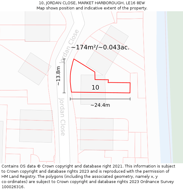 10, JORDAN CLOSE, MARKET HARBOROUGH, LE16 8EW: Plot and title map