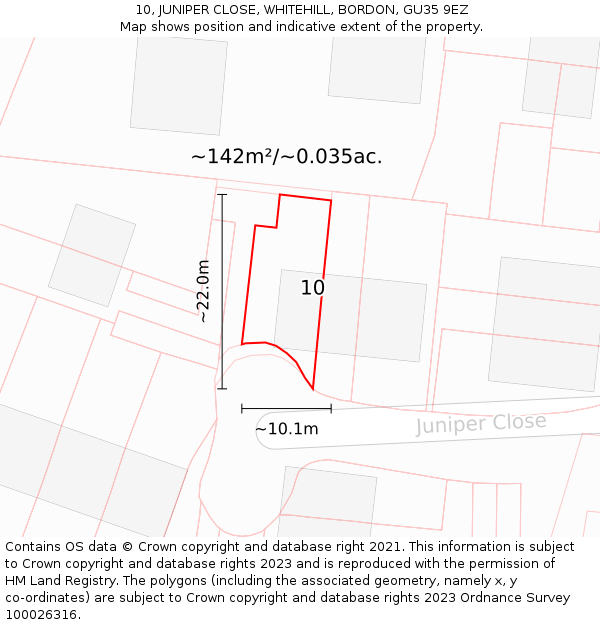 10, JUNIPER CLOSE, WHITEHILL, BORDON, GU35 9EZ: Plot and title map