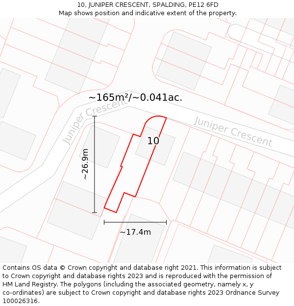 10, JUNIPER CRESCENT, SPALDING, PE12 6FD: Plot and title map