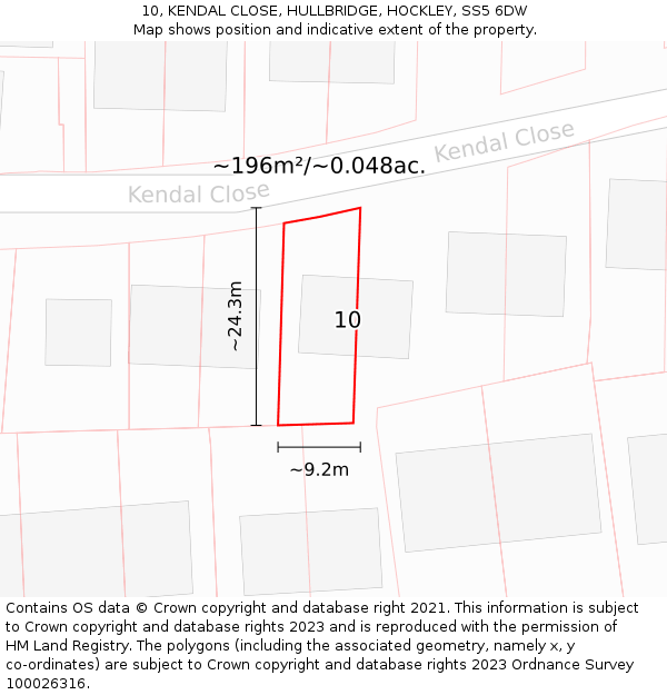 10, KENDAL CLOSE, HULLBRIDGE, HOCKLEY, SS5 6DW: Plot and title map