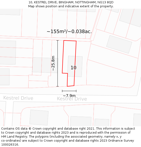 10, KESTREL DRIVE, BINGHAM, NOTTINGHAM, NG13 8QD: Plot and title map