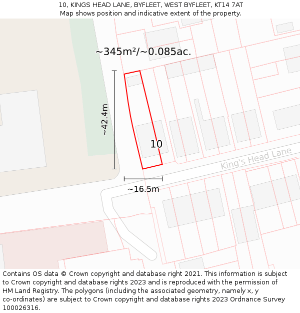 10, KINGS HEAD LANE, BYFLEET, WEST BYFLEET, KT14 7AT: Plot and title map