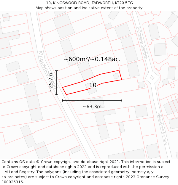 10, KINGSWOOD ROAD, TADWORTH, KT20 5EG: Plot and title map