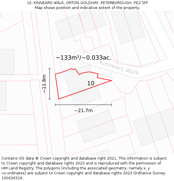 10, KINNEARS WALK, ORTON GOLDHAY, PETERBOROUGH, PE2 5FF: Plot and title map