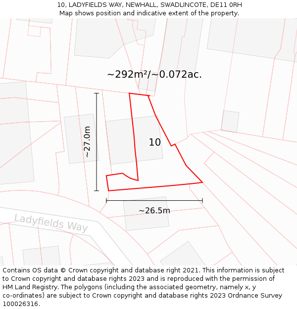 10, LADYFIELDS WAY, NEWHALL, SWADLINCOTE, DE11 0RH: Plot and title map