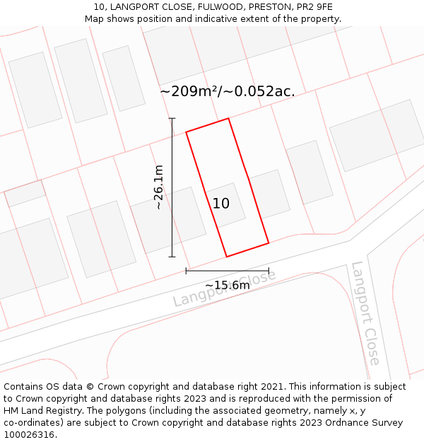 10, LANGPORT CLOSE, FULWOOD, PRESTON, PR2 9FE: Plot and title map