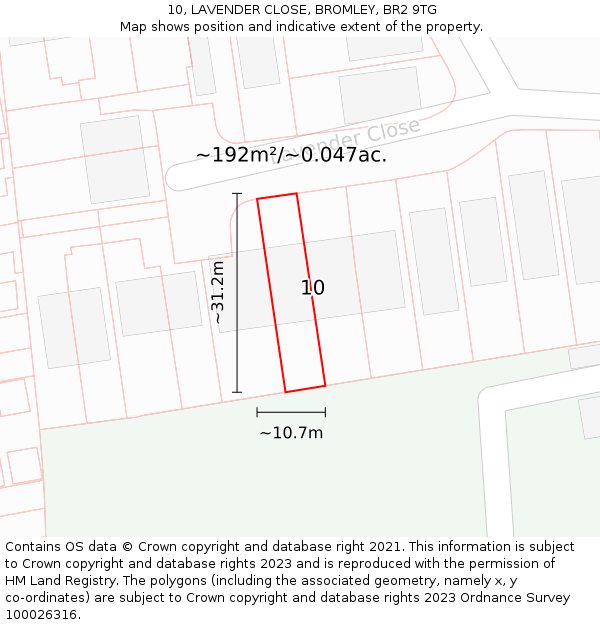 10, LAVENDER CLOSE, BROMLEY, BR2 9TG: Plot and title map