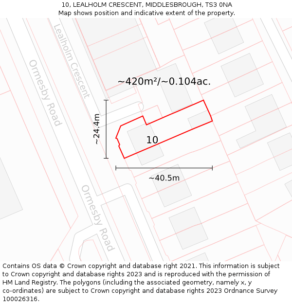 10, LEALHOLM CRESCENT, MIDDLESBROUGH, TS3 0NA: Plot and title map
