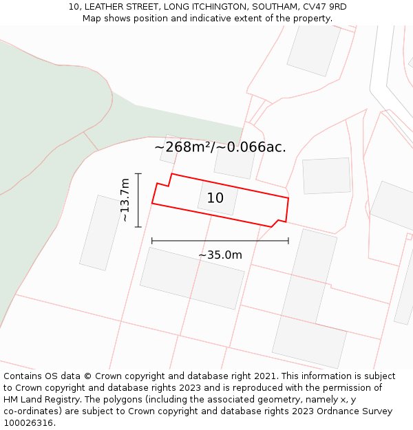 10, LEATHER STREET, LONG ITCHINGTON, SOUTHAM, CV47 9RD: Plot and title map