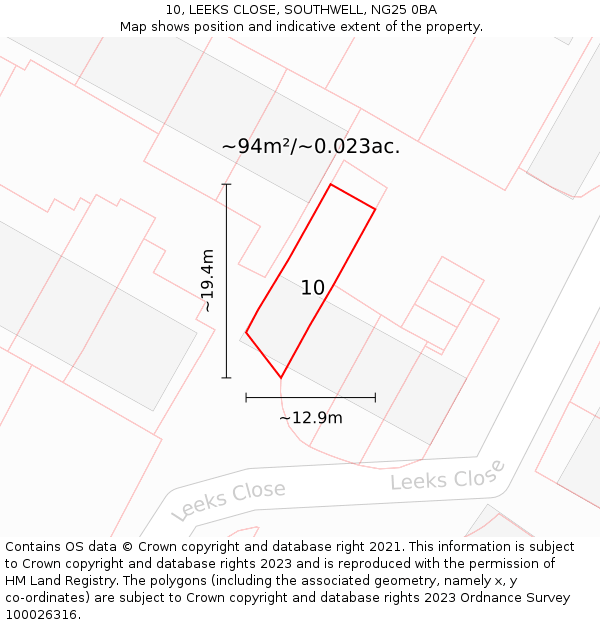 10, LEEKS CLOSE, SOUTHWELL, NG25 0BA: Plot and title map