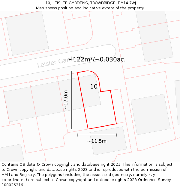 10, LEISLER GARDENS, TROWBRIDGE, BA14 7WJ: Plot and title map