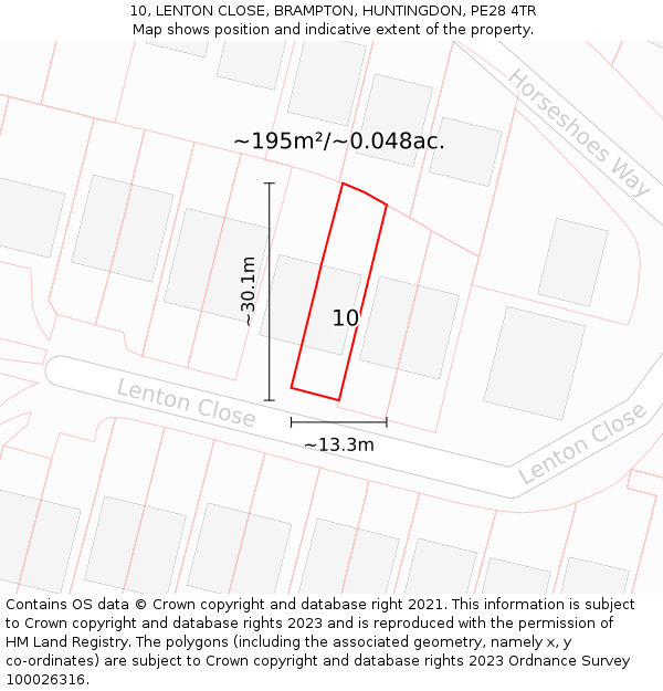 10, LENTON CLOSE, BRAMPTON, HUNTINGDON, PE28 4TR: Plot and title map