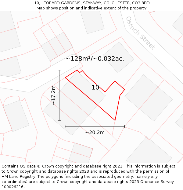 10, LEOPARD GARDENS, STANWAY, COLCHESTER, CO3 8BD: Plot and title map